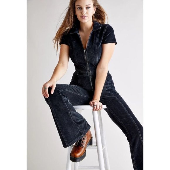 Free People Pants - Free People CRVY Love Letters Cord Zip Up Flare Jumpsuit in Black